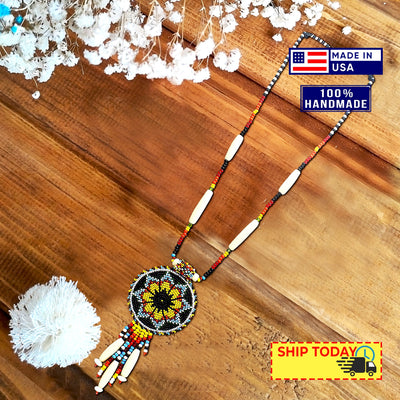 SALE 50% OFF - Black Yellow Seed Bead Long Star Medallion Handmade Necklace Earrings Set