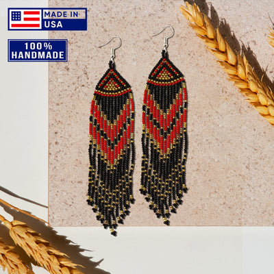 SALE 30% OFF - Red Black Long Beaded Handmade Earrings For Women