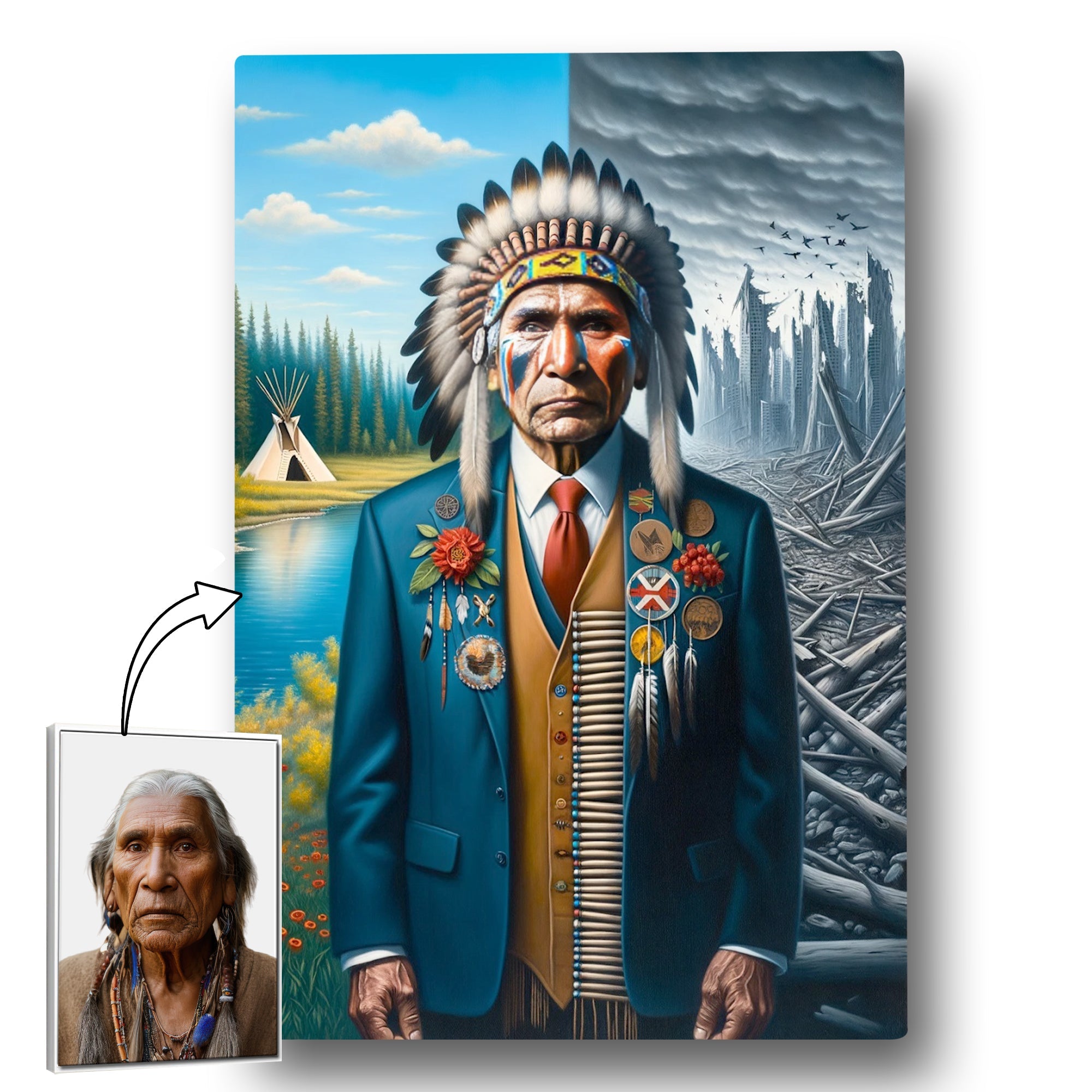 Custom Modern Native American Chief Standing Portrait Photo Canvas Art Gift Home Decor