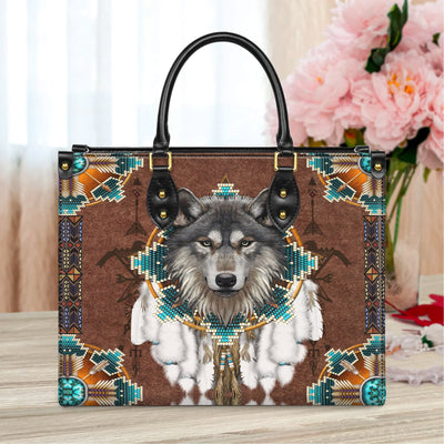 Blue Mandala Feather Wolf Native Leather Handbag WCS020