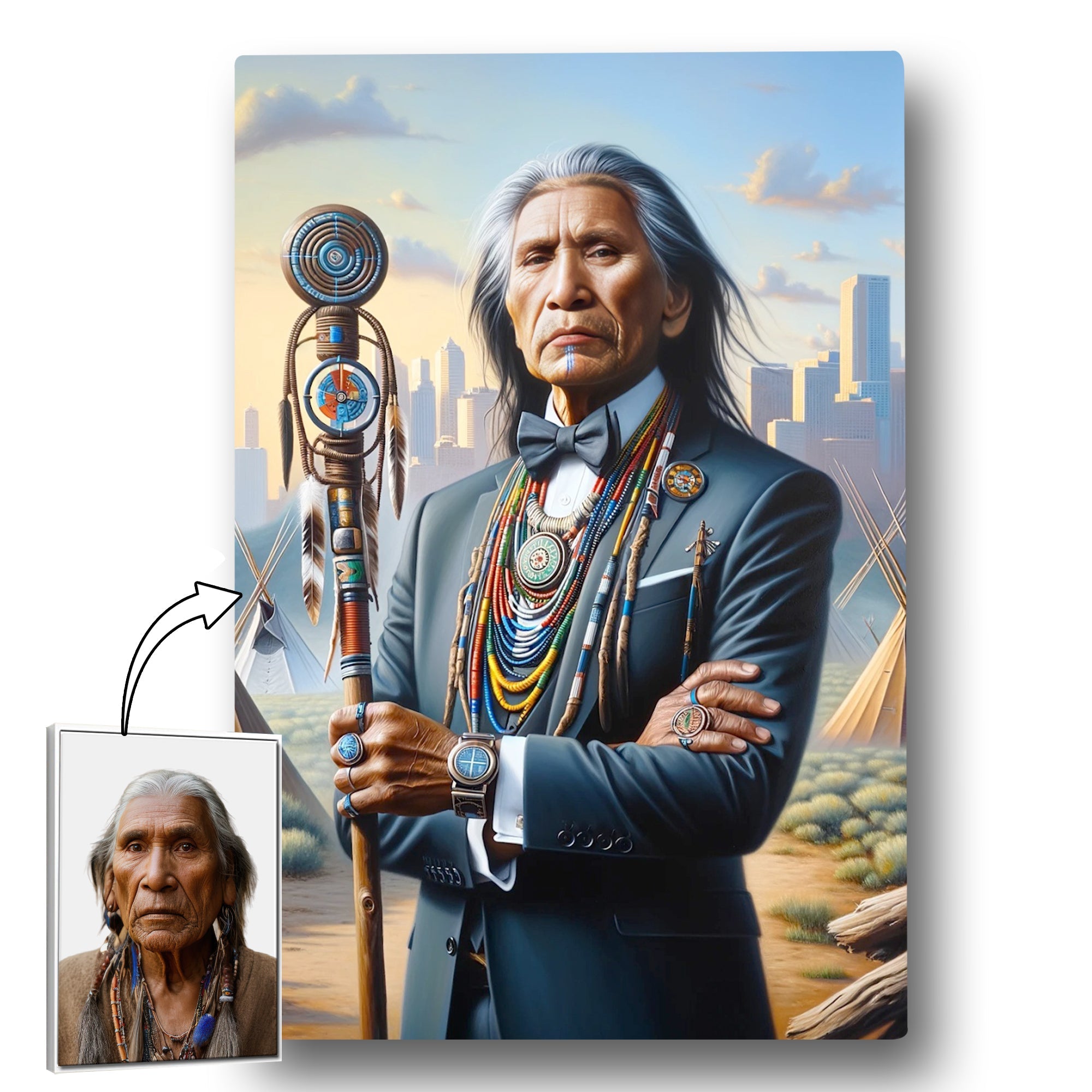 Custom Modern Native American Chief And Scepter Standing Portrait Photo Canvas Art Gift Home Decor