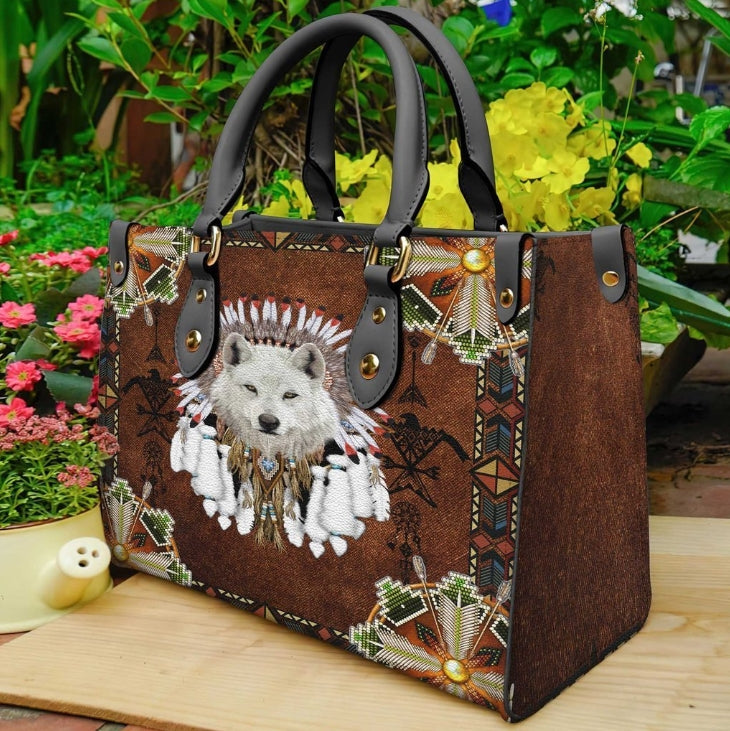 White Wolf With Headress Feathers Leather Handbag WCS021