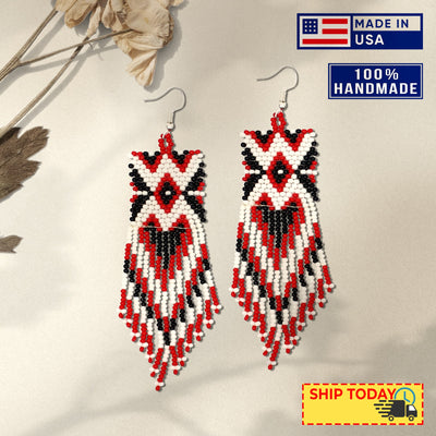 SALE 30% OFF - Red Black Long Beaded Handmade Earrings For Women