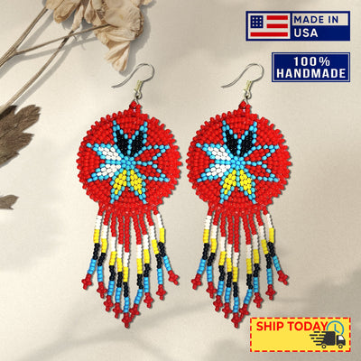 SALE 30% OFF - Red 4 Directions Round Fringe Beaded Handmade Earrings For Women