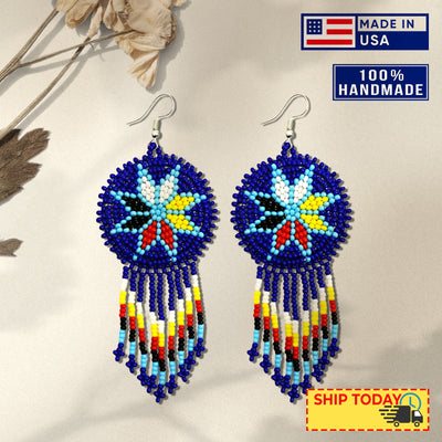 SALE 30% OFF - Blue 4 Directions Flower Round Beaded Handmade Earrings For Women