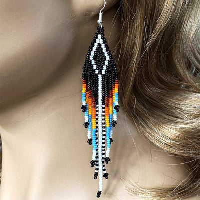 SALE 30% OFF - Black Multi-Color Hook Pattern Beaded Handmade Earrings For Women