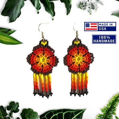 SALE 30% OFF - Ethnic Flower Purple Red Chandelier Black Stick with Metal Feather Beaded Handmade Earrings For Women