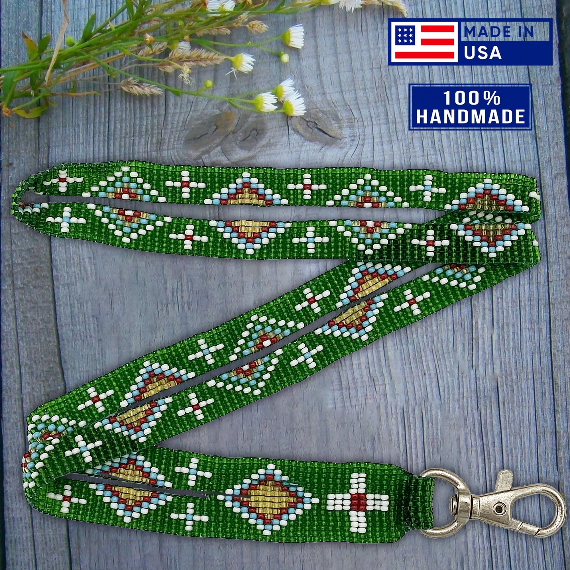 SALE 30% OFF - Green Red White Seed Beaded Lanyard Id Holder Red Cross Beadwork