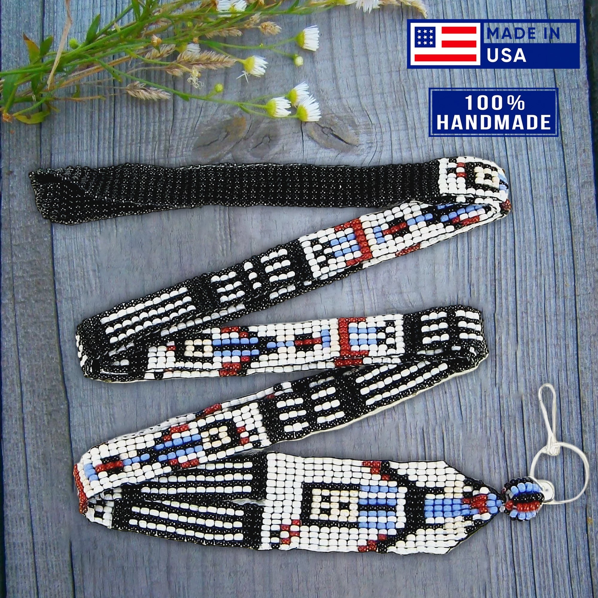 SALE 30% OFF - Black White Red Seed Beaded Lanyard Id Holder Yei Dancer Beadwork