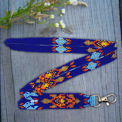 SALE 30% OFF - Handmade beaded Turtle design Blue Orange Lanyard Beadwork