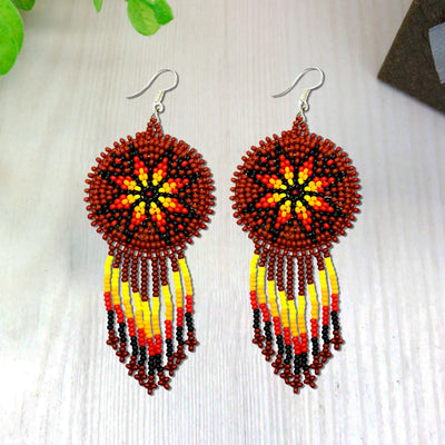 SALE 30% OFF -  Brown Fire Color Flower Round Beaded Handmade Earrings For Women