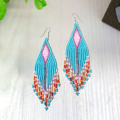 SALE 30% OFF -  Turquoise Blue Seed Pattern Beaded Handmade Earrings For Women