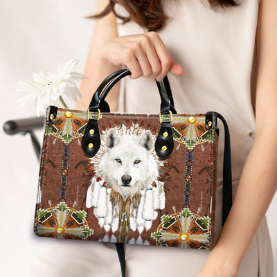 White Wolf With Headress Feathers Leather Handbag WCS021