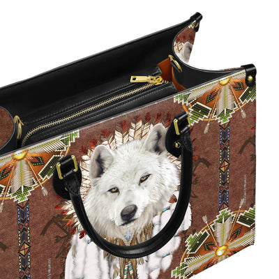 White Wolf With Headress Feathers Leather Handbag WCS021