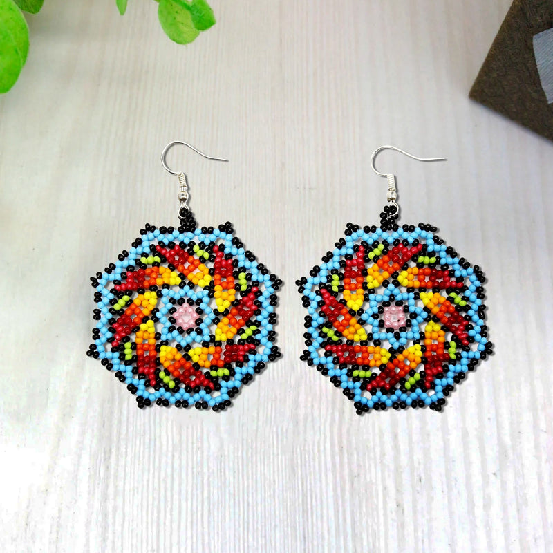 SALE 30% OFF - Octagon Blue Multi-Color Bohemian Beaded Handmade Earrings For Women