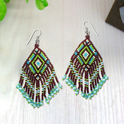 SALE 30% OFF - Brown Seed Bead  Pattern Beaded Handmade Earrings For Women