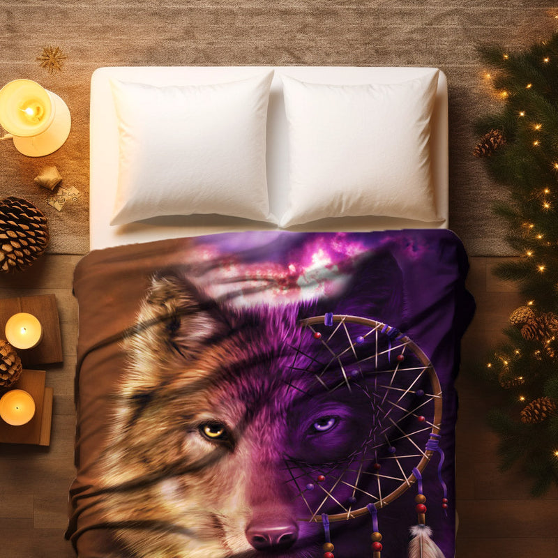 Native American Style  Wolf Native Soft And Warm Fleece Blanket