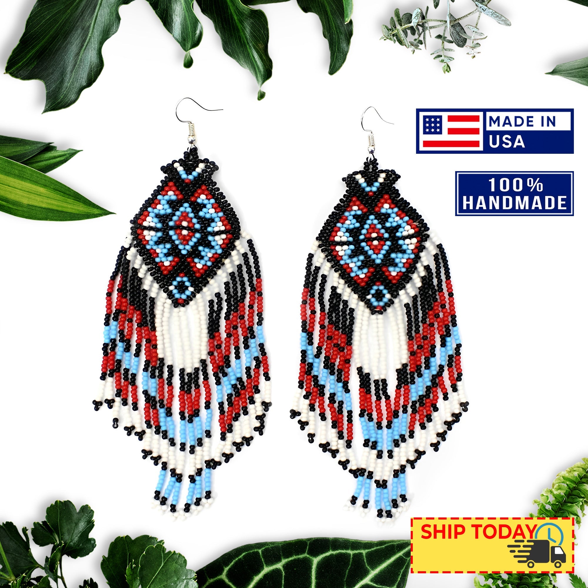 SALE 30% OFF - White Red Black Long Beaded Handmade Earrings For Women