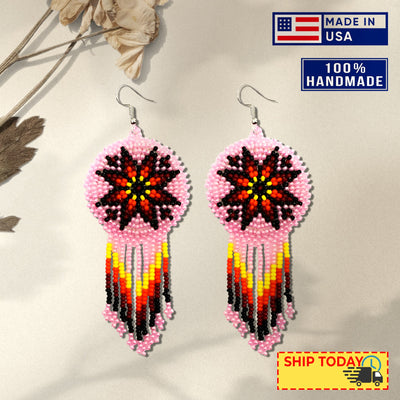 SALE 30% OFF - Pink Fire Color Round Beaded Handmade Earrings For Women