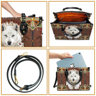 White Wolf With Headress Feathers Leather Handbag WCS021