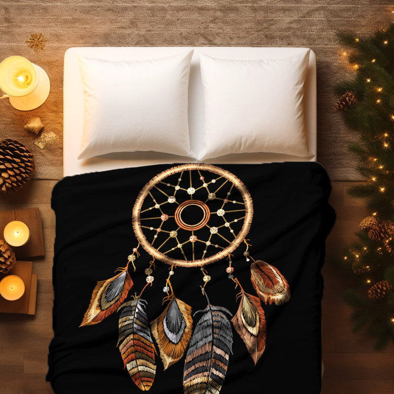 Native American Style Black Big Dreamcatcher Soft And Warm Fleece Blanket