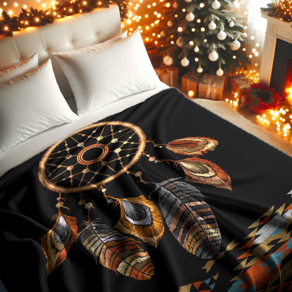 Native American Style Black Big Dreamcatcher Soft And Warm Fleece Blanket