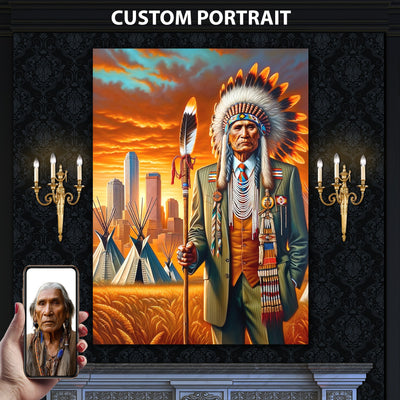 Custom Native American Chief Standing Portrait Photo Canvas Art Gift Home Decor