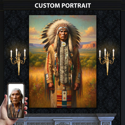 Custom Native American Chief Standing Portrait Photo Canvas Art Gift Home Decor