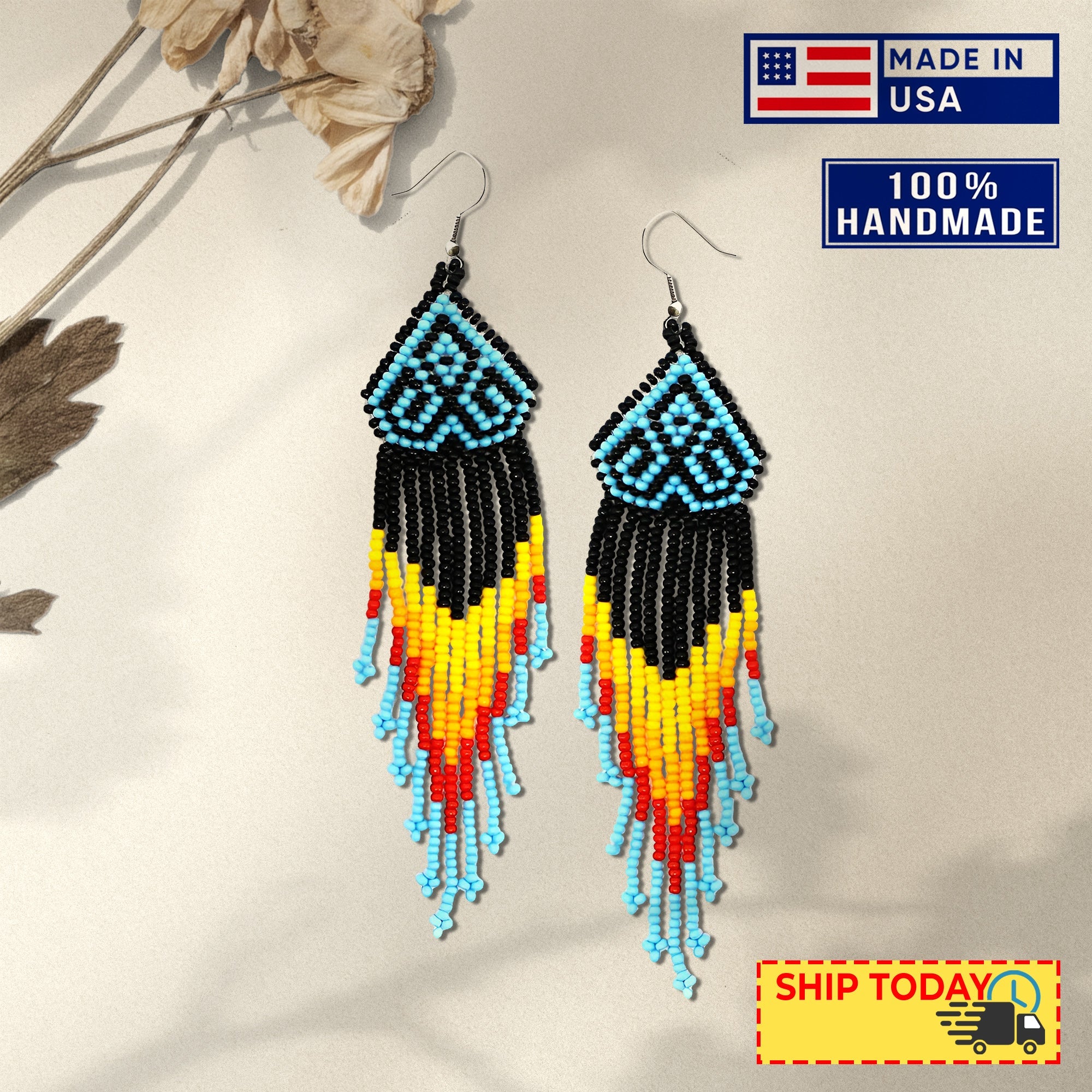 SALE 30% OFF - Black Multicolored Long Pattern Beaded Handmade Earrings For Women