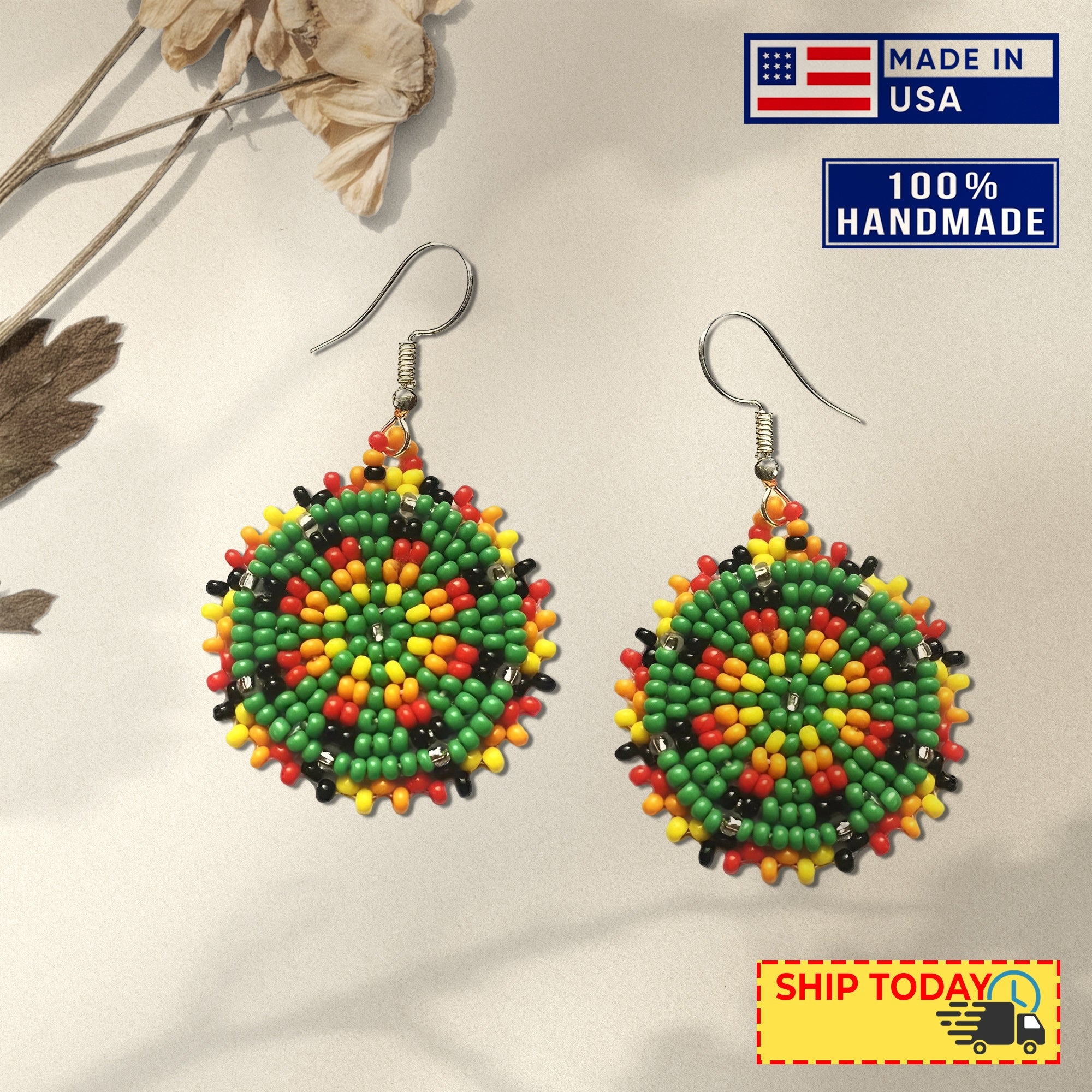 SALE 30% OFF - Cute Round Green Beaded Handmade Earrings For Women