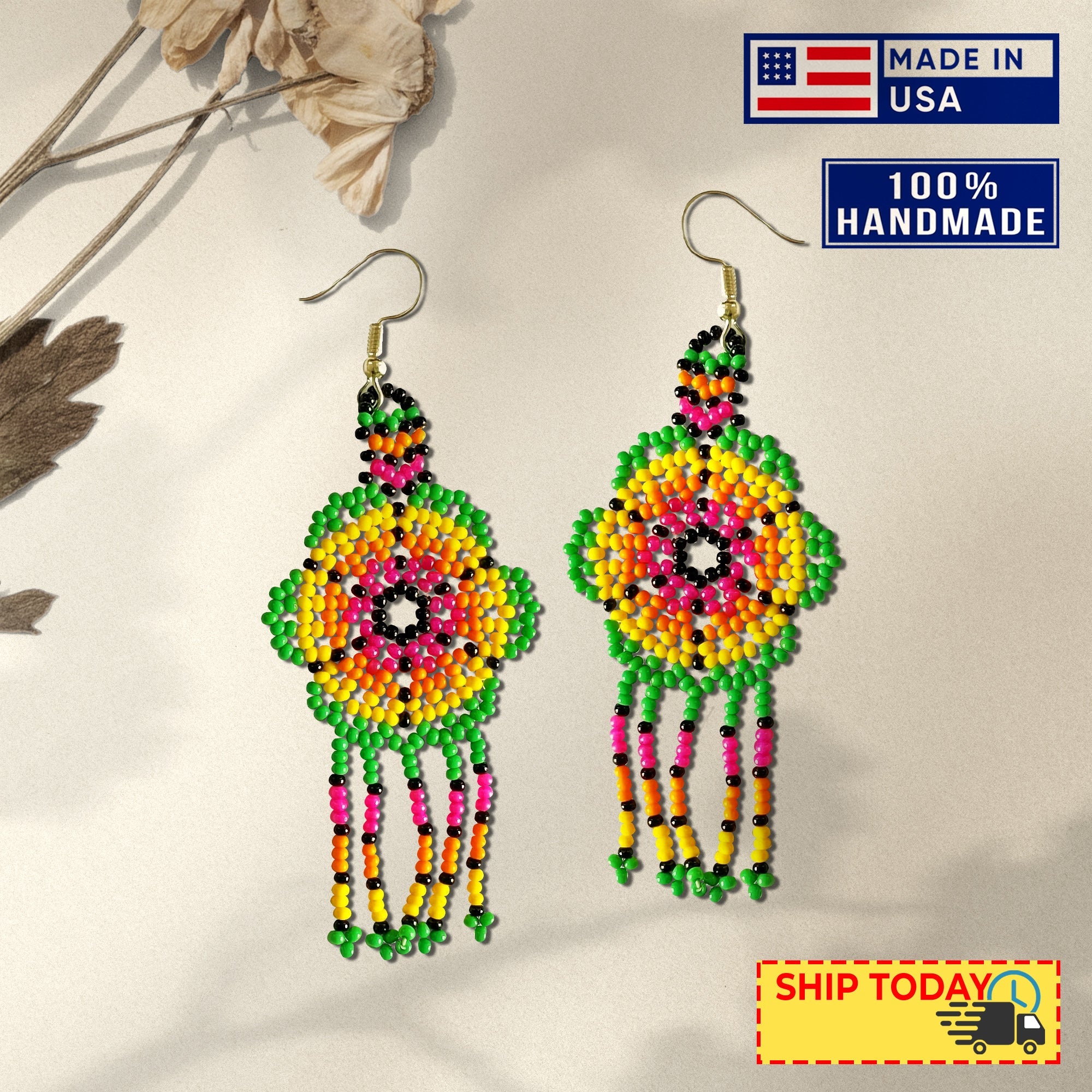 SALE 30% OFF - Ethnic Flower Green Beaded Chandelier Beaded Handmade Earrings For Women