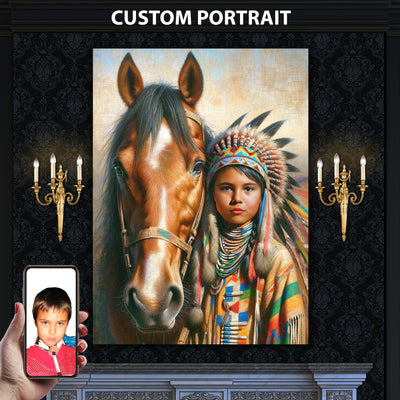 Custom Native American Child And The Horse Photo Canvas Art Gift Home Decor