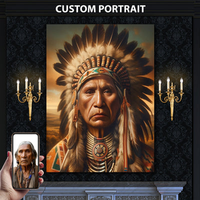 Custom Native American Chief Portrait Photo Canvas Art Gift Home Decor