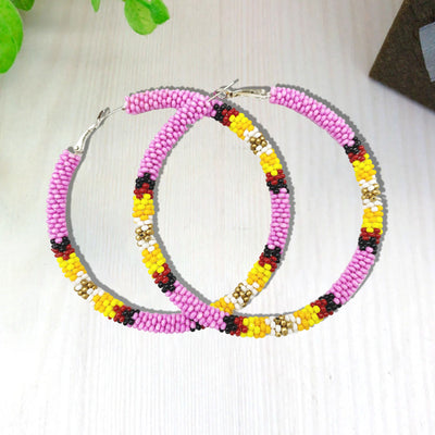 SALE 30% OFF - Handmade 3-Inch Hoop Round Pattern Beaded Earrings for Women