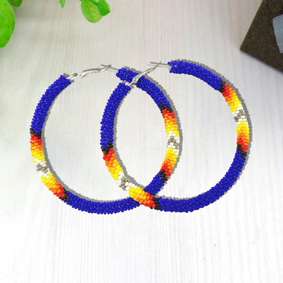 SALE 30% OFF - Handmade Deep Blue Pattern Hoop Beaded Earrings for Women