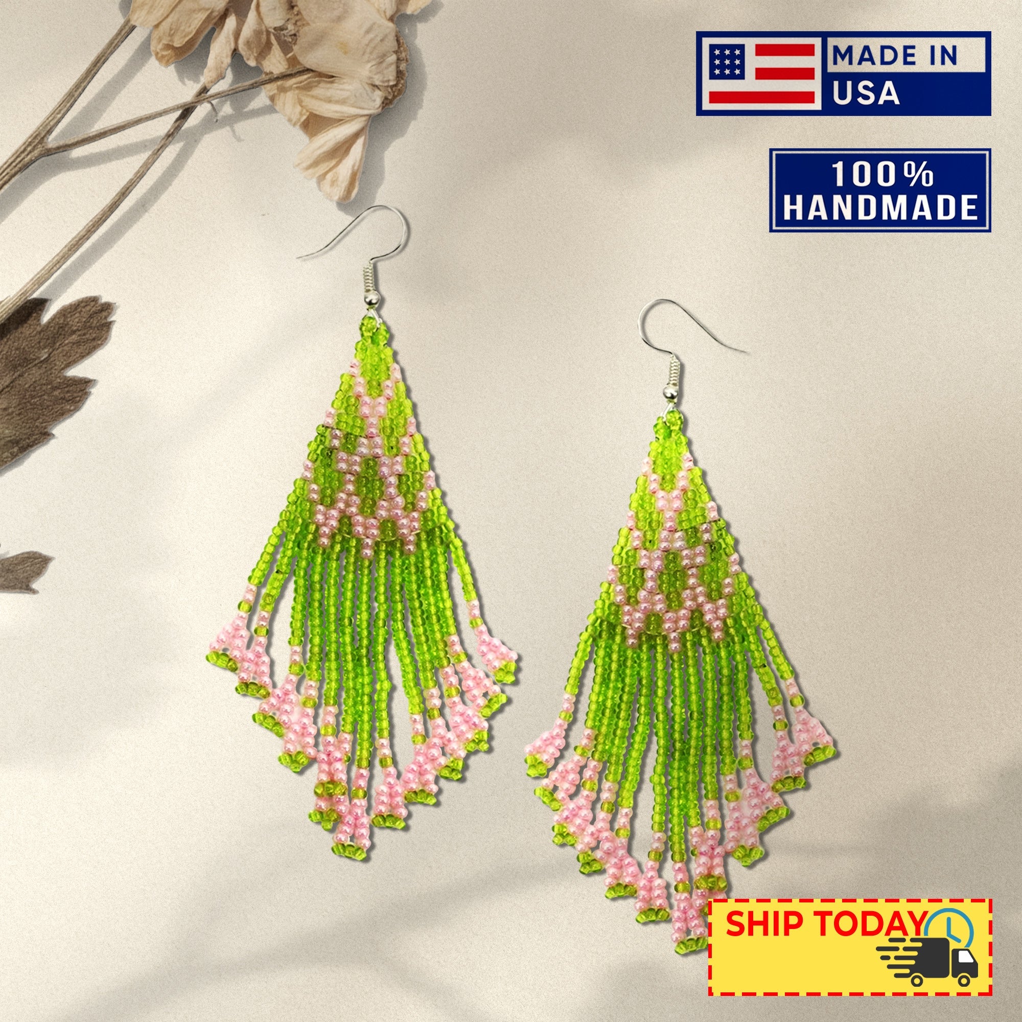 SALE 30% OFF -  Olive Green Seed Beaded Handmade Earrings For Women