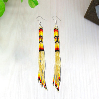 SALE 30% OFF - Gold Extra Long Pattern Beaded Handmade Earrings For Women Native Style