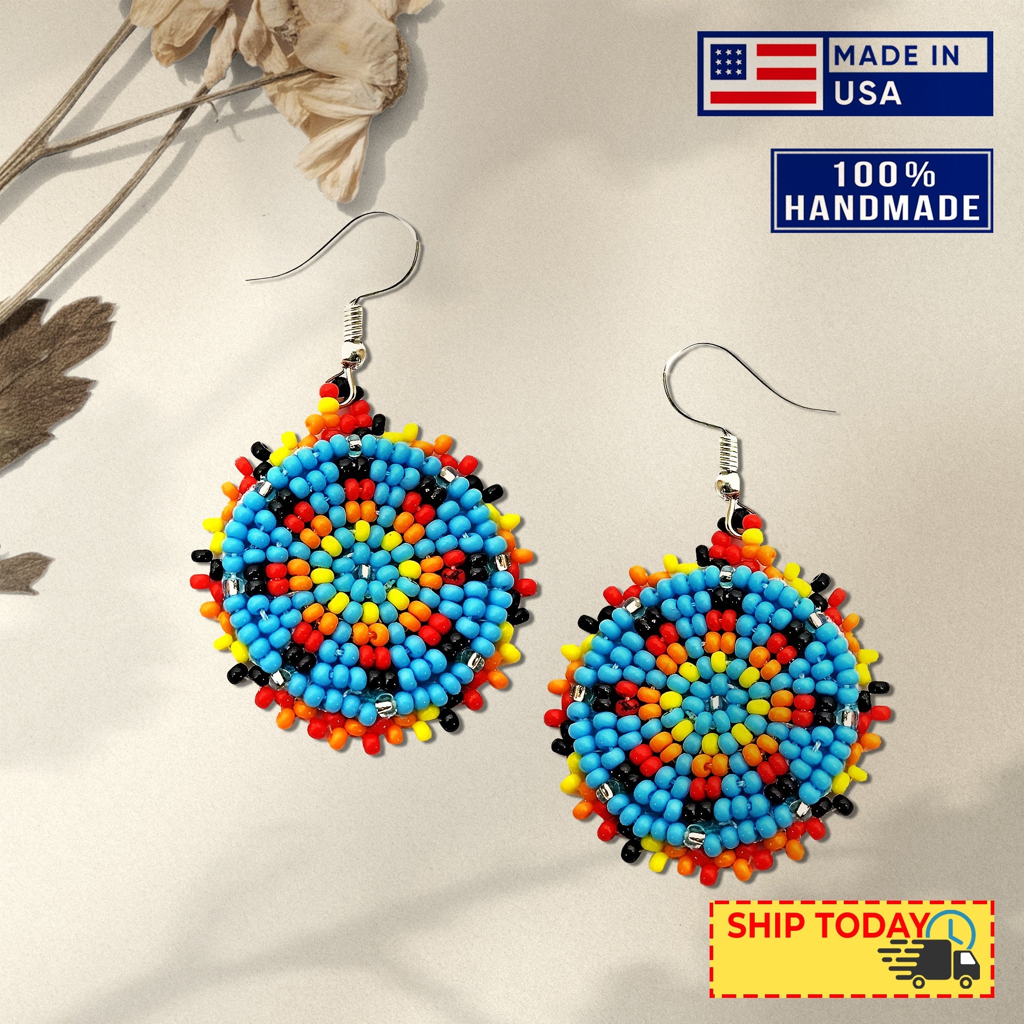 SALE 30% OFF - Cute Round Turquoise Blue Beaded Handmade Earrings For Women