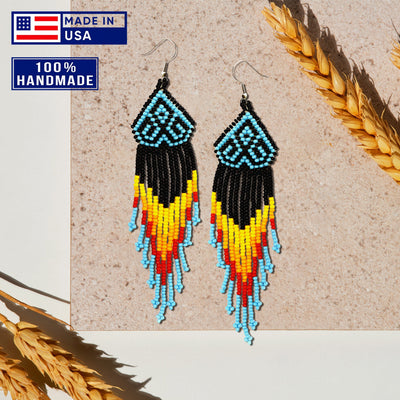 SALE 30% OFF - Black Multicolored Long Pattern Beaded Handmade Earrings For Women