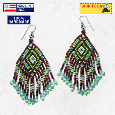 SALE 30% OFF - Brown Seed Bead  Pattern Beaded Handmade Earrings For Women