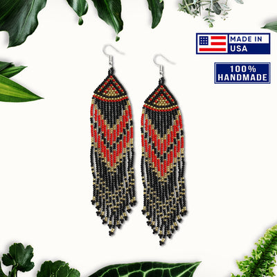 SALE 30% OFF - Red Black Long Beaded Handmade Earrings For Women