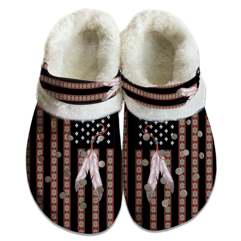 Unisex Flag Pattern Fleece Clog Shoes For Women and Men Native American Style