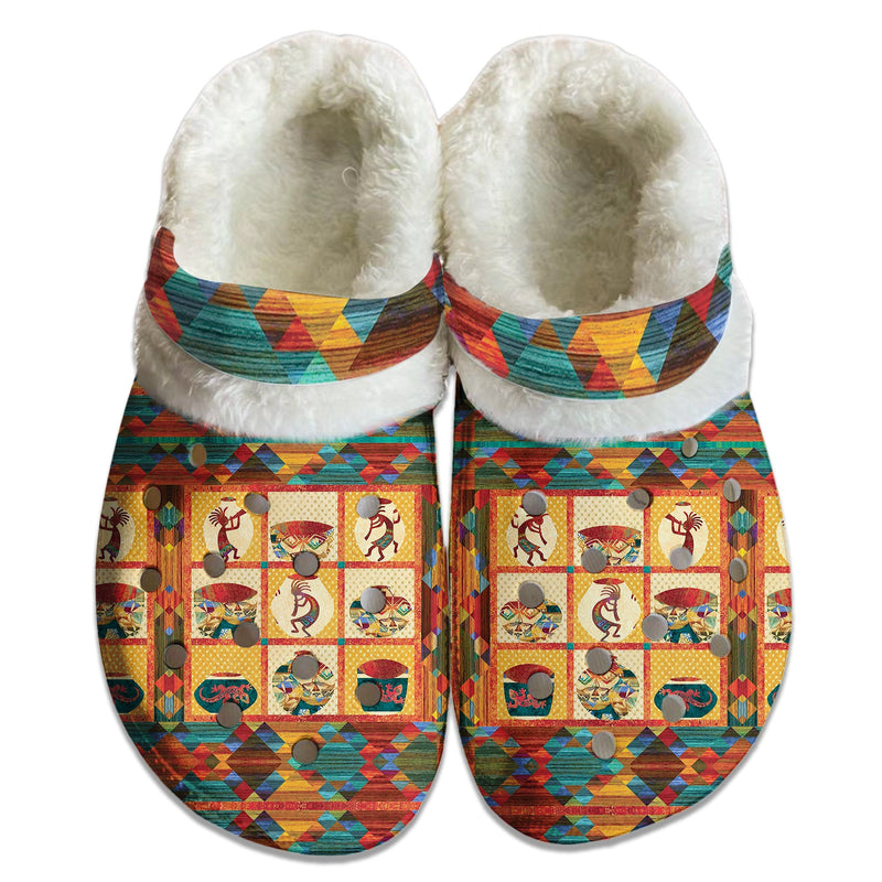 Fleece Unisex Orange Pattern Clog Shoes For Women and Men Native American Style