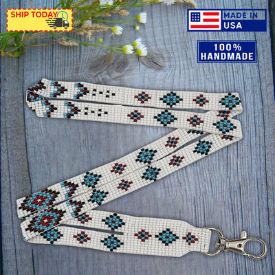 SALE 30% OFF - White Blue Red Beaded Id Holder Lanyard Beadwork