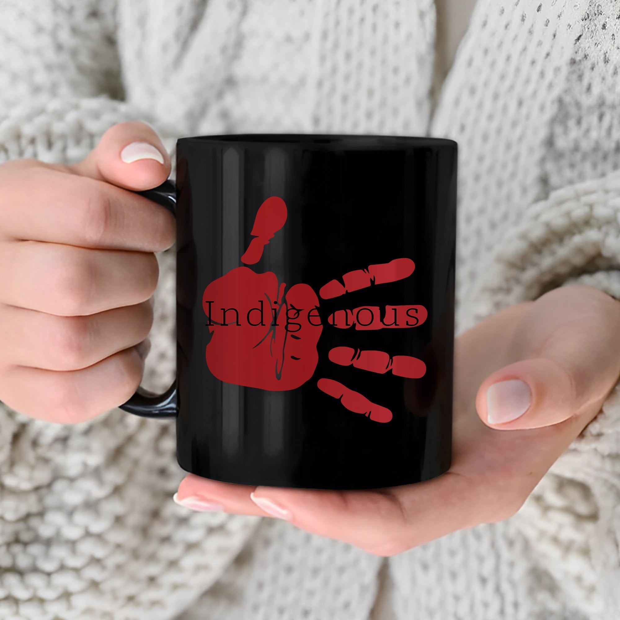 MMIW Indigenous Woman Red Hand White Black Ceramic Coffee Mug