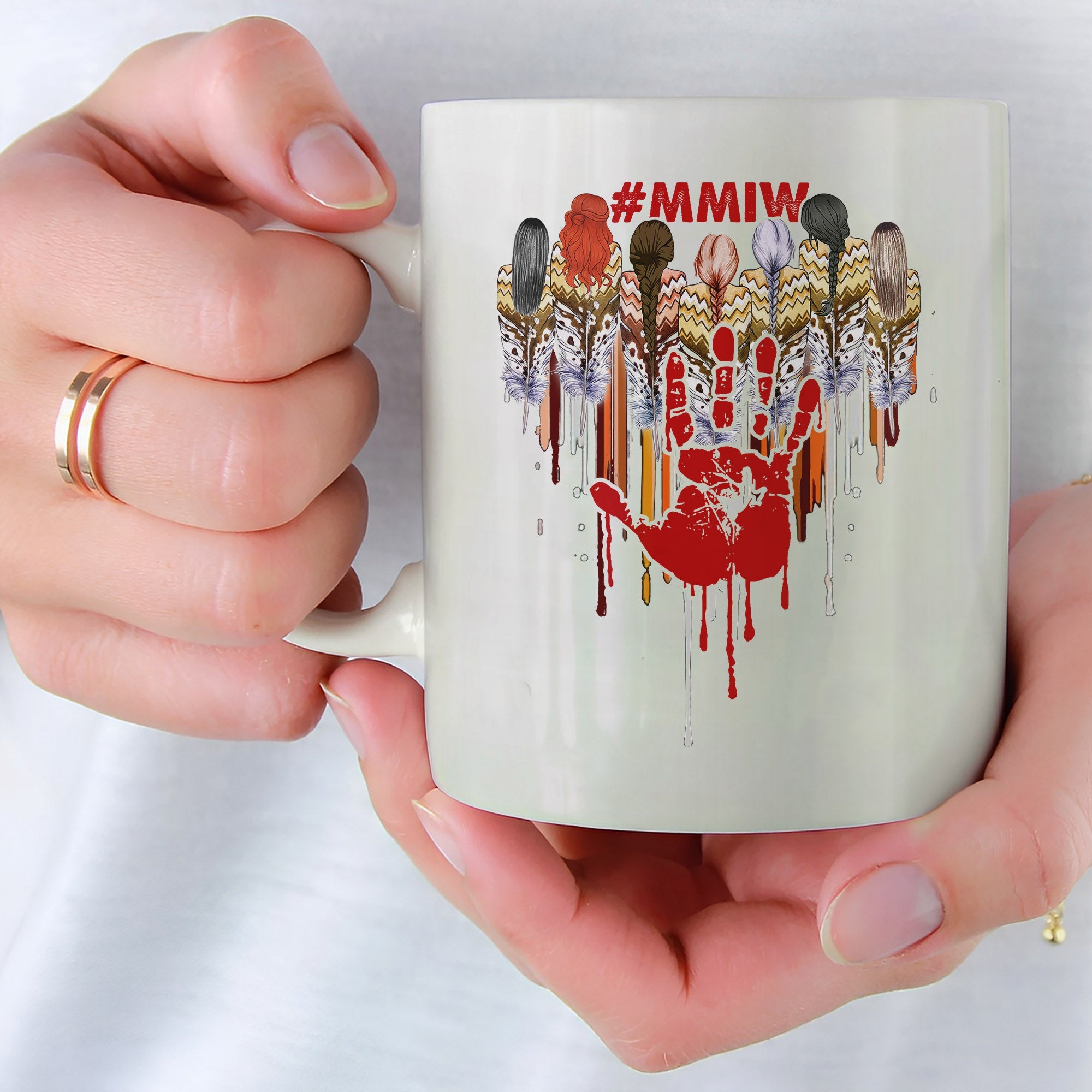 MMIW Women Red Hand Together Feather Heart  Ceramic Coffee Mug