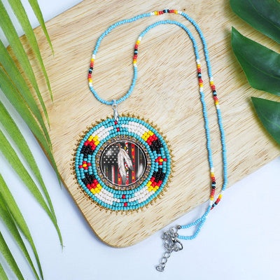 SALE 30% OFF - Native Flag Feathers Handmade Beaded Wire Necklace Pendant Unisex With Native American Style