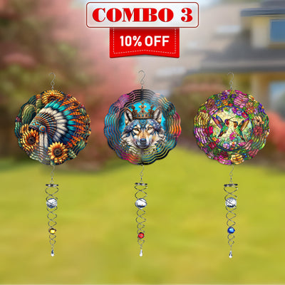 [COMBO 3 ] Colorful Wind Spinner Chief Headdress + Dreamcatcher +Hummingbirds Native American