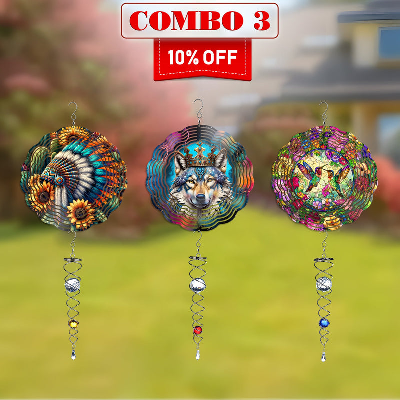 [COMBO 3 ] Colorful Wind Spinner Chief Headdress + Dreamcatcher +Hummingbirds Native American