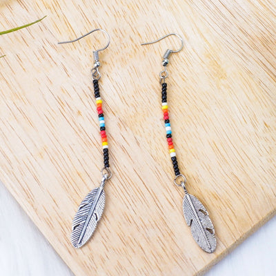 SALE 30% OFF - Black Stick with Metal Feather Beaded Handmade Earrings For Women